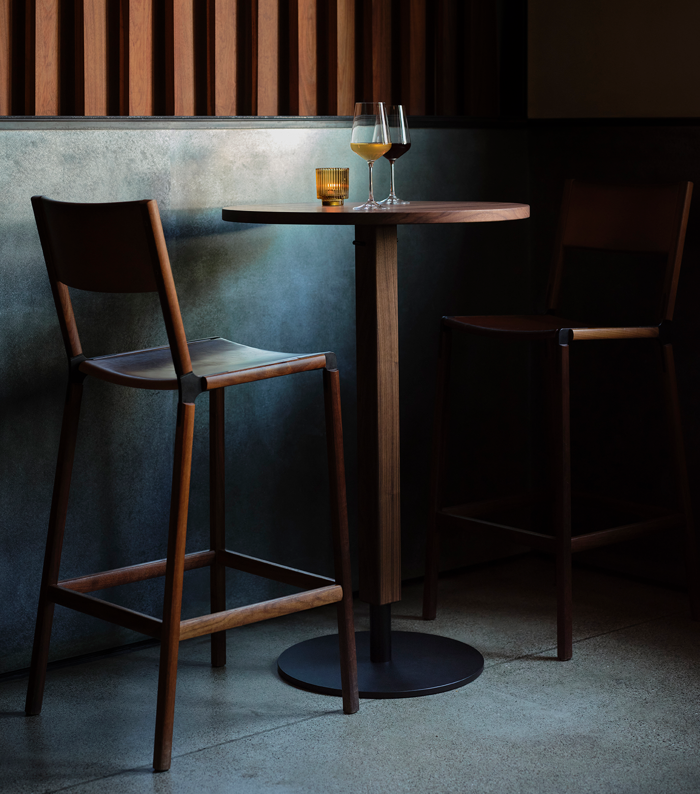 Handmade wood café table and bar stools
