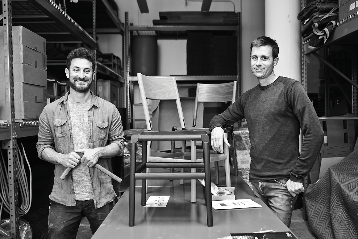 David Charne and Ros Broughton with handcrafted wooden chairs.