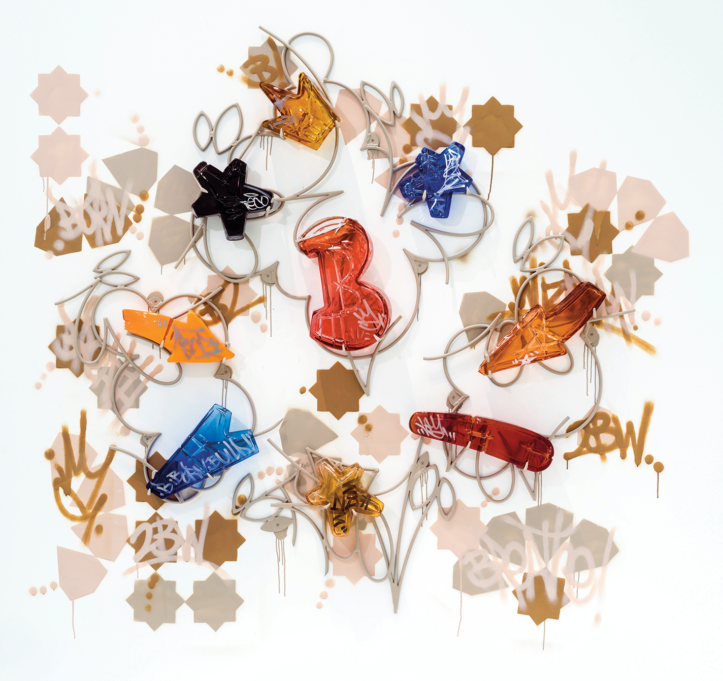 The 36th Chamber is made up of blown-glass stars, serifs, and arrows.