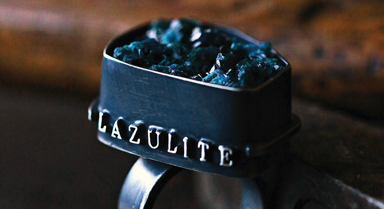 Sterling silver ring with lazulite and 18k detail