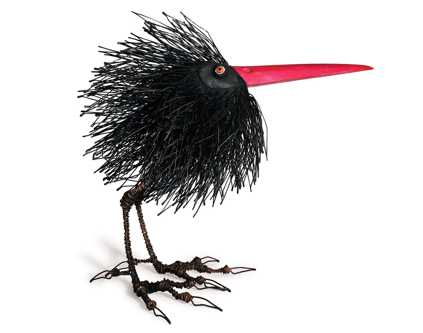 Bird sculpture by Tom Hill made of wood, steel, copper, and paint.