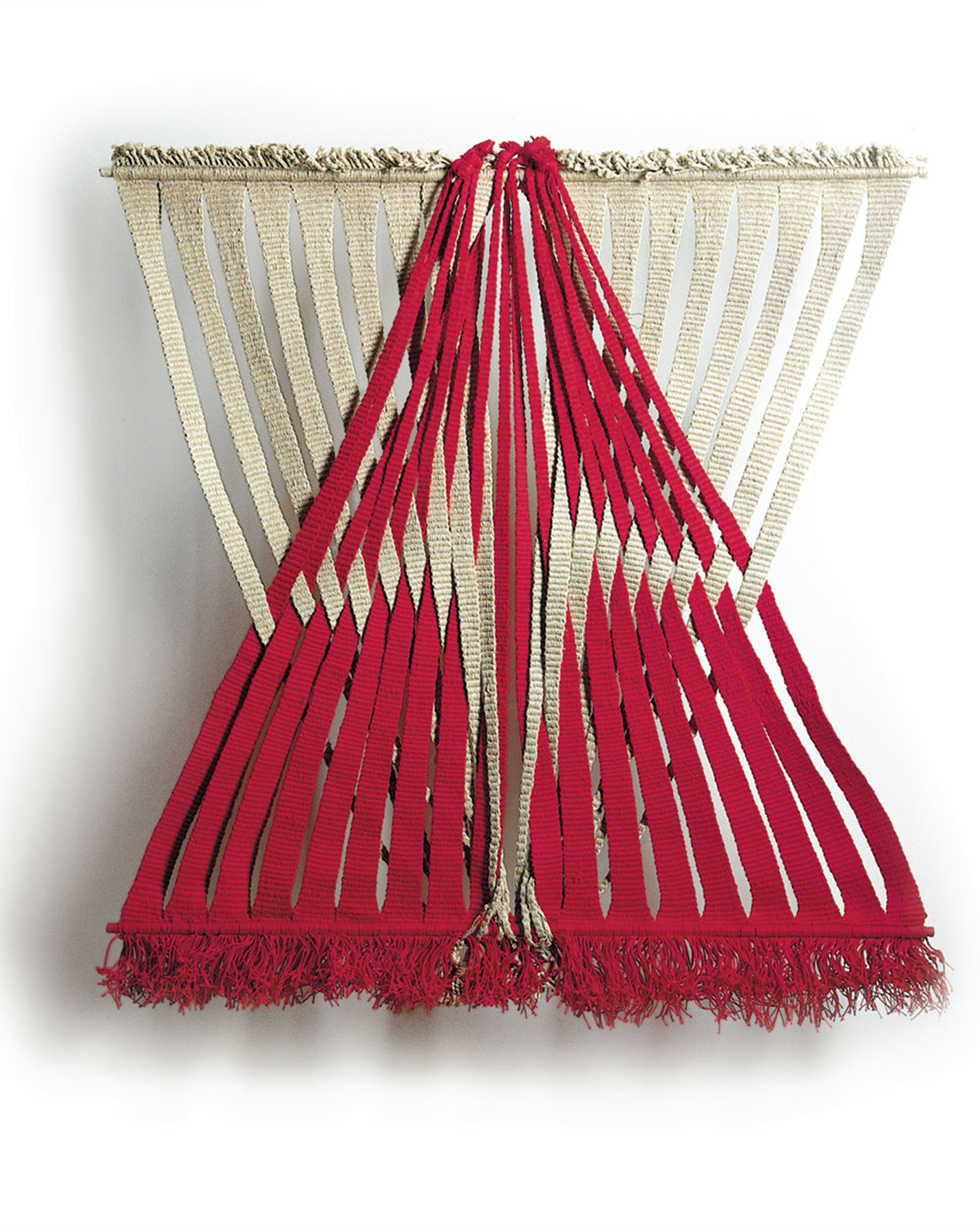 Intersecting red and white textile triangles