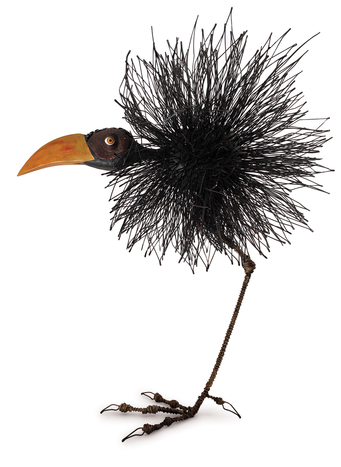 Whimsical bird statue made of wood, steel, copper, and paint