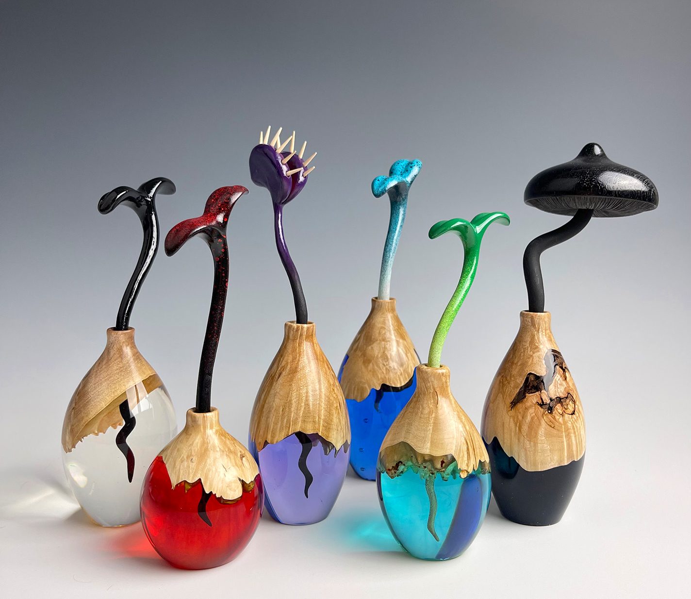 Maple burl and resin sculptures