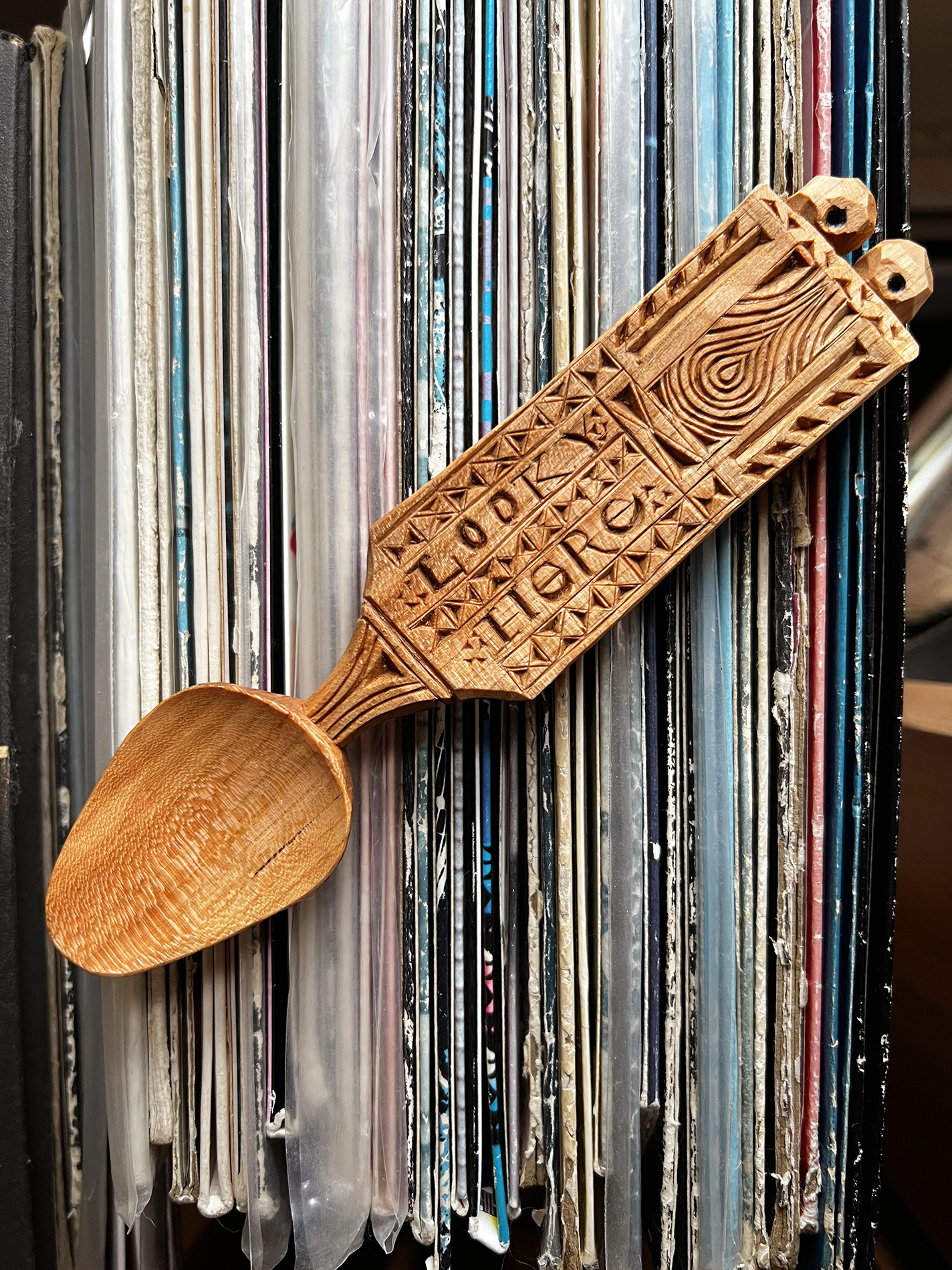 Chip carved wooden spoon