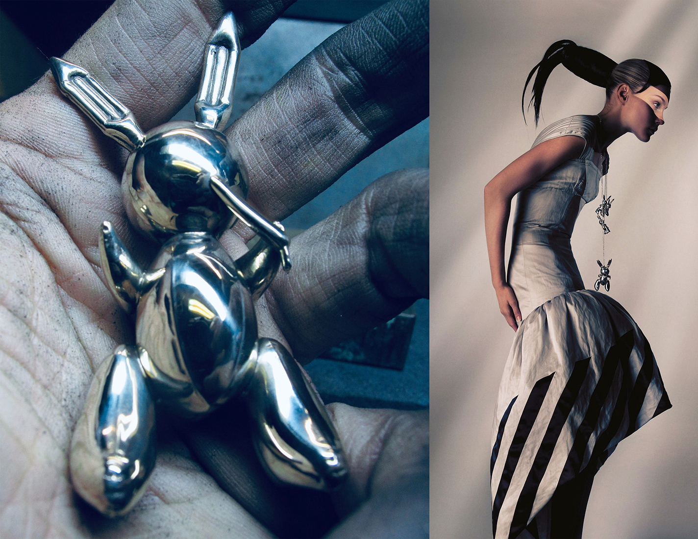Bliven's replica of Jeff Koon’s Rabbit for Stella McCartney, shown in his hand and worn by model.