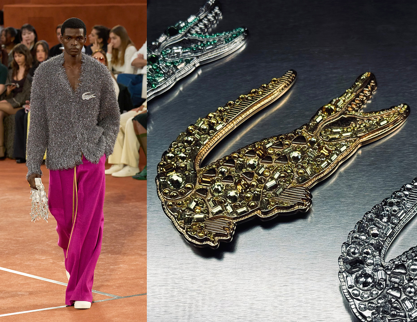 Bass crocodile brooch with rhodium and gold plating