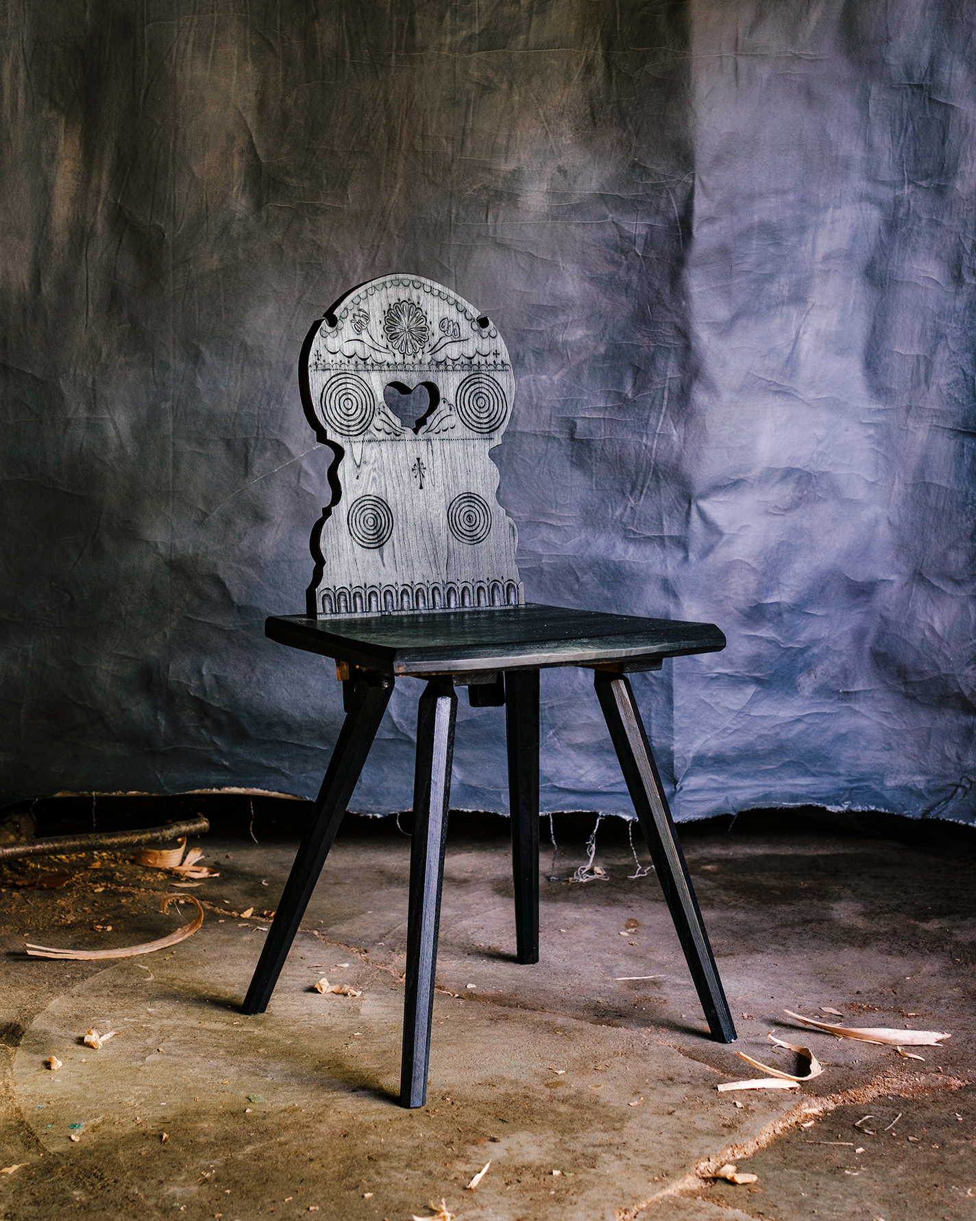 Black-painted elm stool