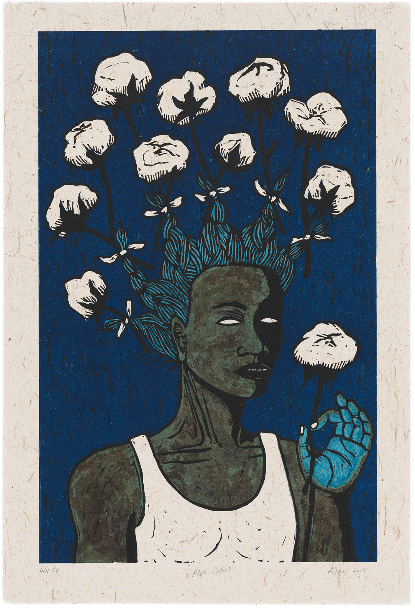 Hand carved woodblock print of woman with cotton growing in her hair