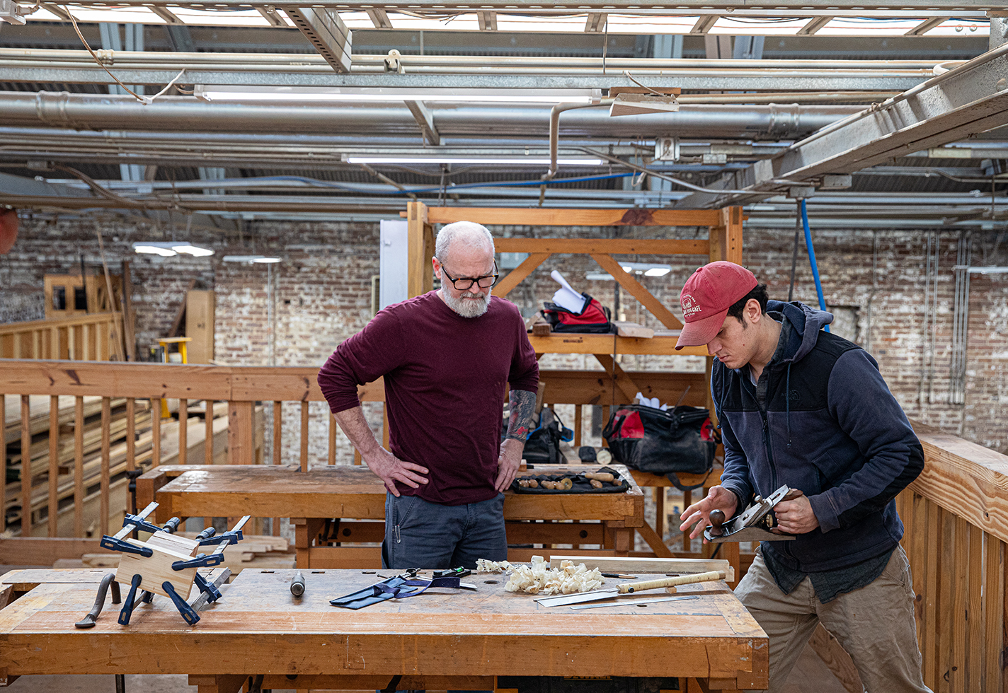 Woodworking professor and student