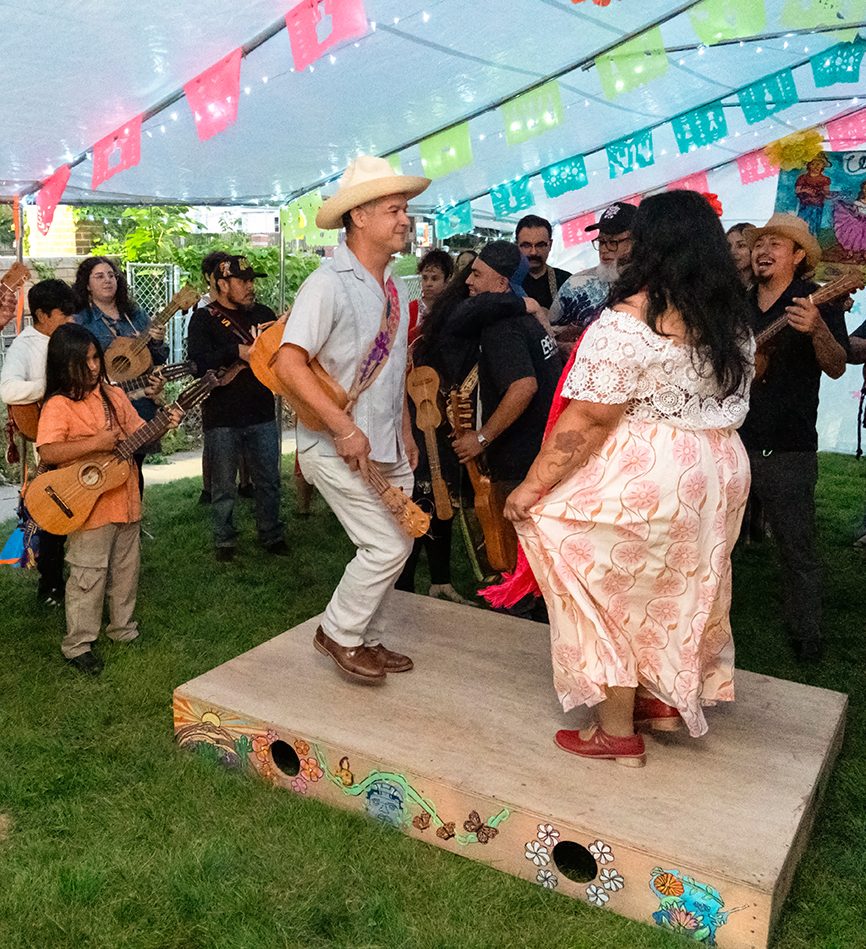 Dancers perform intricate foot patterns on the tarima, a percussive, hollow platform.