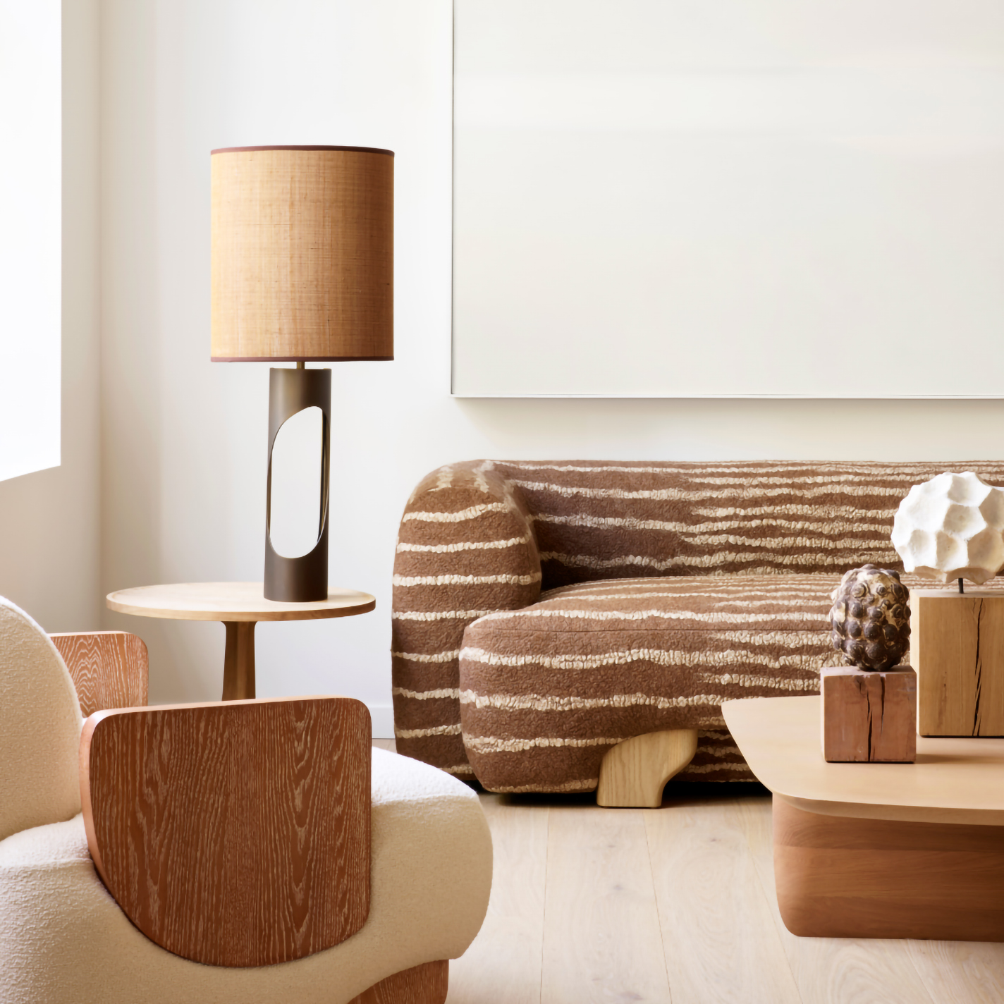 Sofa in showroom upholstered with brown and white felt by Fog & Fury