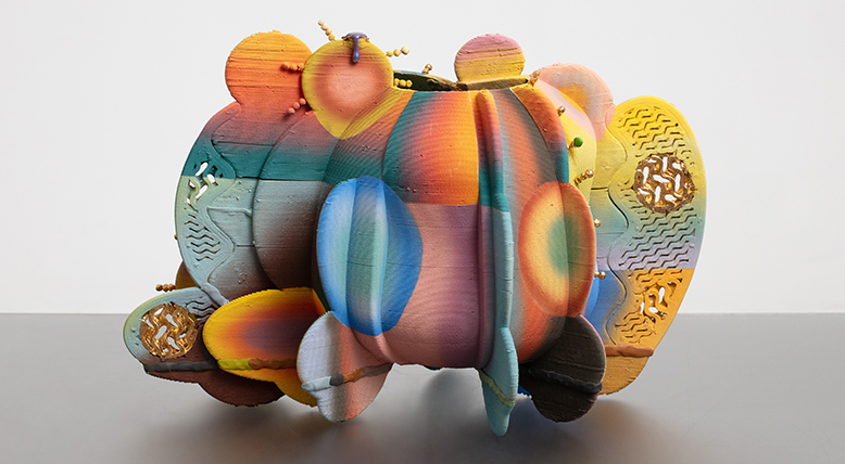 Multicolored, multi-textured stoneware vessel